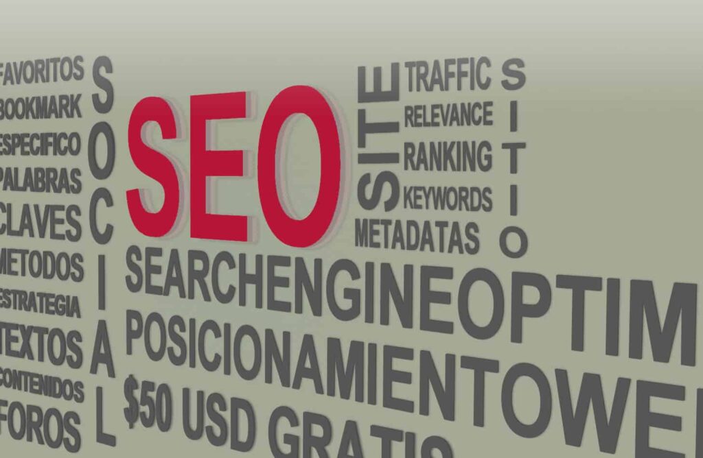 Image depicting SEO-related terms in 3D typography, highlighting 'SEARCHENGINEOPTIMIZATION' and 'SEO' in red. Other relevant keywords include 'keywords', 'site', 'traffic', 'relevance', 'ranking', 'metadatas' and various terms in Spanish.