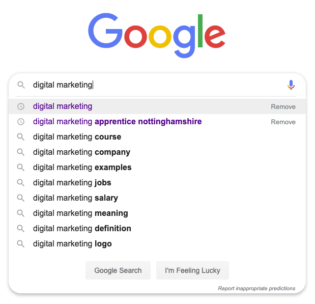 digital marketing google auto complete