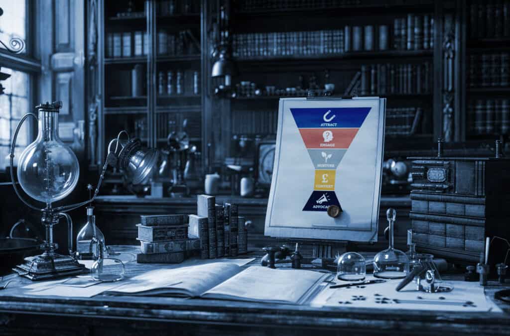 Vintage laboratory setting with scientific glassware on a wooden table. A framed sales funnel chart is displayed, illustrating stages like 'Attract', 'Engage', 'Nurture', 'Convert', and 'Advocate', symbolising the integration of payment gateway strategies for WooCommerce in the UK.