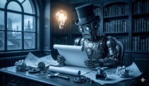 Steampunk robot wearing a top hat, reading a scroll in a library setting, surrounded by blueprints and mechanical gears, illustrating the concept of gamification and innovation in small business marketing.